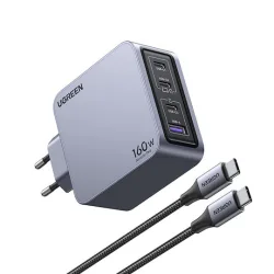 Ugreen Φορτιστής GaN με Θύρα USB-A και 3 Θύρες USB-C και Καλώδιο USB-C - USB-C 160W Power Delivery Μαύρος (Nexode Pro)
