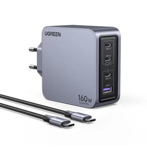 Ugreen Φορτιστής GaN με Θύρα USB-A και 3 Θύρες USB-C και Καλώδιο USB-C - USB-C 160W Power Delivery Μαύρος (Nexode Pro)