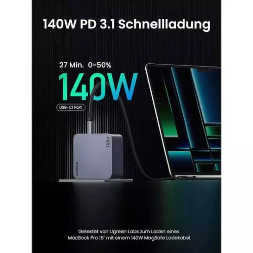 Ugreen Φορτιστής GaN με Θύρα USB-A και 3 Θύρες USB-C και Καλώδιο USB-C - USB-C 160W Power Delivery Μαύρος (Nexode Pro)