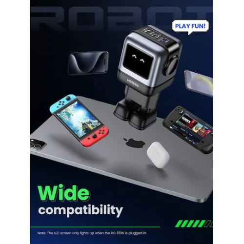 Ugreen Φορτιστής Χωρίς Καλώδιο GaN με Θύρα USB-A και 2 Θύρες USB-C 65W Power Delivery / Quick Charge 4.0 Γκρι (Robot)