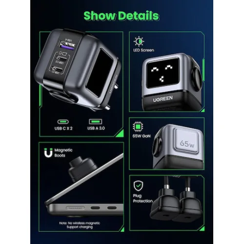 Ugreen Φορτιστής Χωρίς Καλώδιο GaN με Θύρα USB-A και 2 Θύρες USB-C 65W Power Delivery / Quick Charge 4.0 Γκρι (Robot)