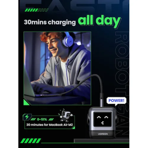 Ugreen Φορτιστής Χωρίς Καλώδιο GaN με Θύρα USB-A και 2 Θύρες USB-C 65W Power Delivery / Quick Charge 4.0 Γκρι (Robot)