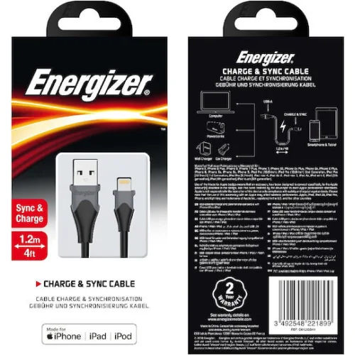 Energizer Regular USB to Lightning Cable Μαύρο 1.2m (C61LIGBK4)