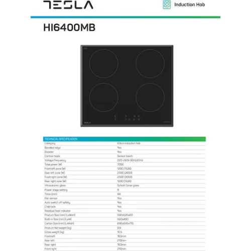 Tesla Επαγωγική Εστία Αυτόνομη με Λειτουργία Κλειδώματος 59x52εκ.