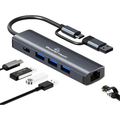 Powertech USB 3.2 Hub 4 Θυρών με σύνδεση USB-A / USB-C / Ethernet Γκρι