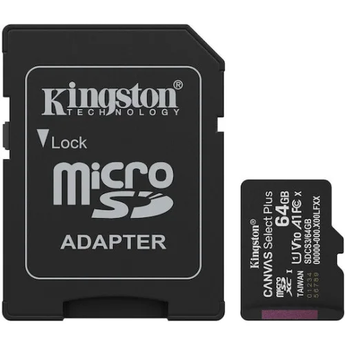 Kingston Canvas Select Plus microSDHC 64GB Class 10 U1 V10 A1 UHS-I με αντάπτορα