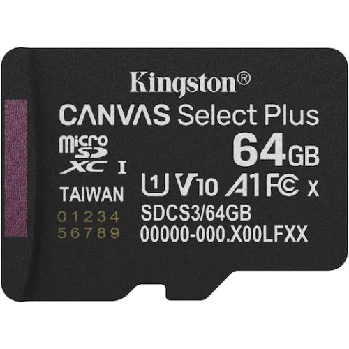 Kingston Canvas Select Plus microSDHC 64GB Class 10 U1 V10 A1 UHS-I με αντάπτορα