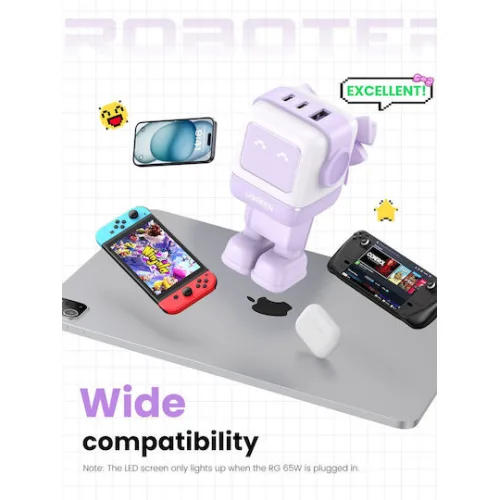 Ugreen Φορτιστής Χωρίς Καλώδιο GaN με Θύρα USB-A και 2 Θύρες USB-C 65W Power Delivery / Quick Charge 4.0 Μωβ (Robot)