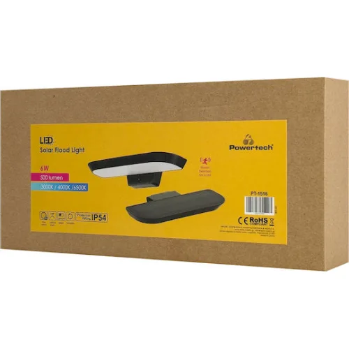 Powertech Ηλιακό Φωτιστικό 6W 500lm Θερμό Λευκό 3000K με Αισθητήρα Κίνησης IP54 28.2x12.94x4.33εκ.