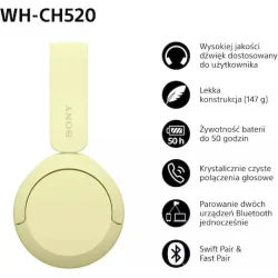 Sony WH-CH520 Ασύρματα / Ενσύρματα On Ear Ακουστικά με 50 ώρες Λειτουργίας και Quick Charge Κίτρινα