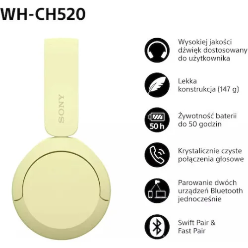 Sony WH-CH520 Ασύρματα / Ενσύρματα On Ear Ακουστικά με 50 ώρες Λειτουργίας και Quick Charge Κίτρινα