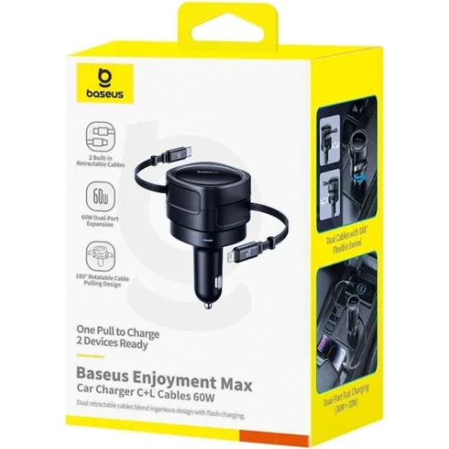 Baseus Enjoyment Max Car Charger Φορτιστής Αυτοκινήτου 60W Γρήγορης Φόρτισης μαζί με Καλώδιο Lightning / Type-C Μαύρο Χρώμα