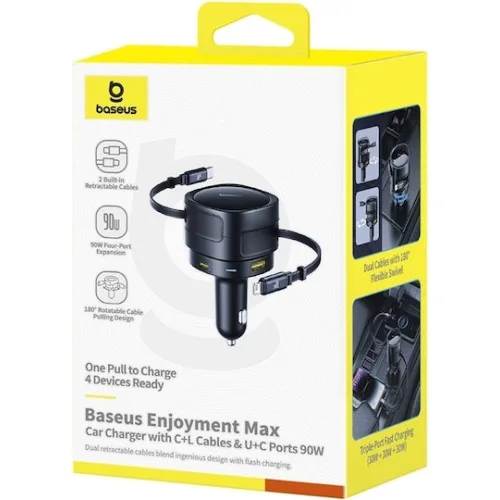 Baseus Enjoyment Max Φορτιστής Αυτοκινήτου 90W Γρήγορης Φόρτισης με Θύρες: 1xUSB 1xType-C μαζί με Καλώδιο Type-C / Lightning Μαύρο Χρώμα