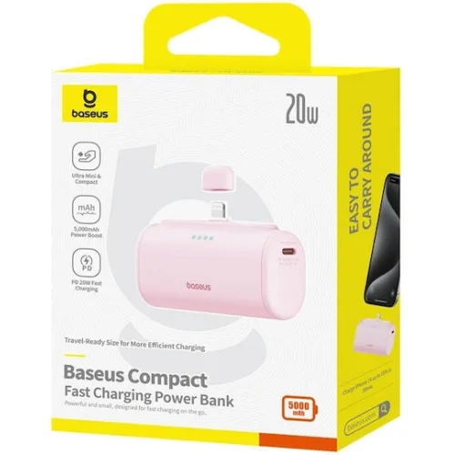 Baseus Compact Lightning Edition Power Bank 5000mAh 20W με Θύρα USB-C Ροζ