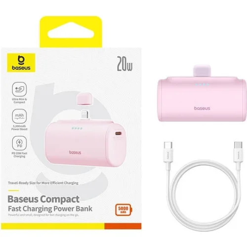 Baseus Compact Lightning Edition Power Bank 5000mAh 20W με Θύρα USB-C Ροζ