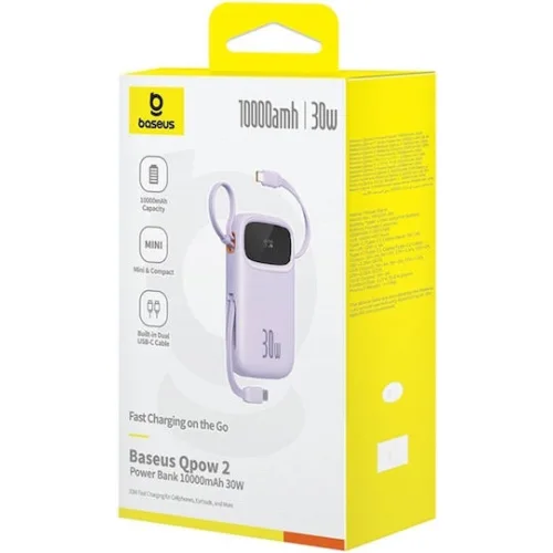 Baseus QPow 2 Power Bank 10000mAh 30W με Θύρα USB-A και Θύρα USB-C Μωβ