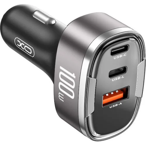 XO CC61 Φορτιστής Αυτοκινήτου 100W 3A με Θύρες: 1xUSB 2xType-C μαζί με Καλώδιο Lightning Μαύρο Χρώμα