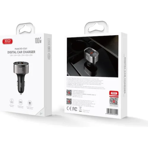 XO CC61 Φορτιστής Αυτοκινήτου 100W 3A με Θύρες: 1xUSB 2xType-C μαζί με Καλώδιο Lightning Μαύρο Χρώμα