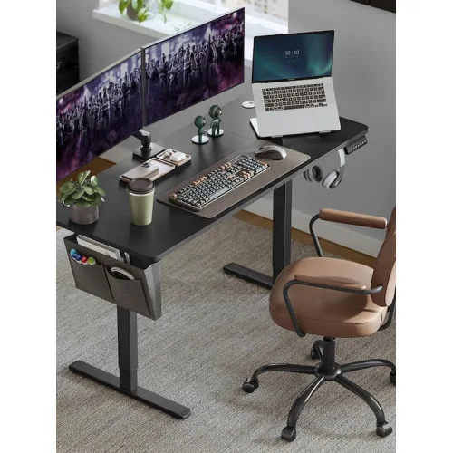 Ηλεκτρικό Γραφείο Υπολογιστή Ξύλινο Μαύρο με Μεταλλικά Πόδια, Ρυθμιζόμενο Ύψος & LED 140x60x72εκ.