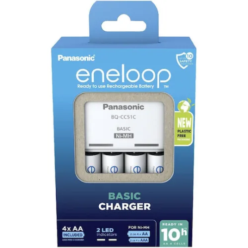 Panasonic Basic BQ-CC51 Φορτιστής 4 Μπαταριών Ni-MH Μεγέθους AA/AAA Σετ με 4x ΑΑ 2000mAh σε Λευκό χρώμα