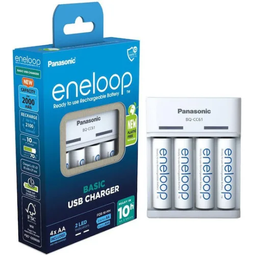 Panasonic Eneloop Basic BQ-CC61 USB USB Φορτιστής 4 Μπαταριών Ni-MH Μεγέθους AA/AAA Σετ με 4x AA 2000mAh σε Λευκό χρώμα