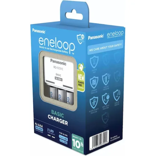 Panasonic Eneloop Basic BQ-CC51 Φορτιστής 4 Μπαταριών Ni-MH Μεγέθους AA/AAA Σετ με 4x AAA 800mAh σε Λευκό χρώμα