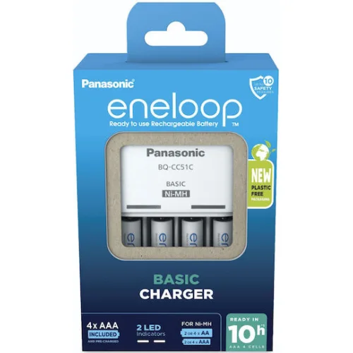 Panasonic Eneloop Basic BQ-CC51 Φορτιστής 4 Μπαταριών Ni-MH Μεγέθους AA/AAA Σετ με 4x AAA 800mAh σε Λευκό χρώμα