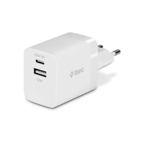 TTEC Φορτιστής Χωρίς Καλώδιο με Θύρα USB-A και Θύρα USB-C 45W Power Delivery Λευκός