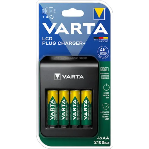 Varta LCD Plug Charger+ 4 Μπαταριών Ni-MH Μεγέθους AA/AAA/9V Σετ με 4x AA 2100mAh