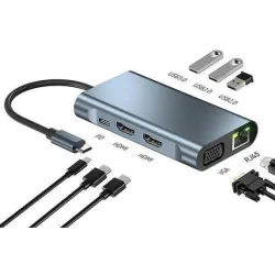 Powertech BYL-2311 USB-C Docking Station με HDMI 4K PD Ethernet και σύνδεση 2 Οθονών Γκρι