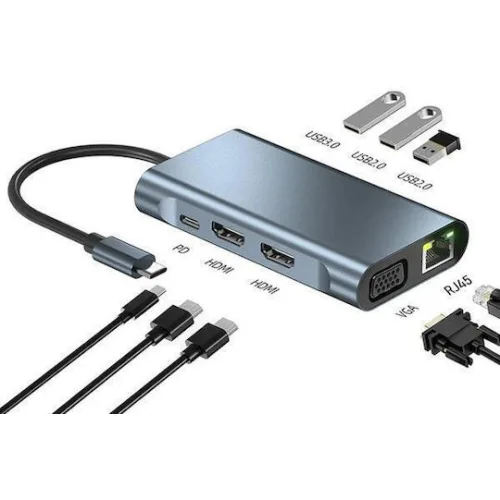 Powertech BYL-2311 USB-C Docking Station με HDMI 4K PD Ethernet και σύνδεση 2 Οθονών Γκρι