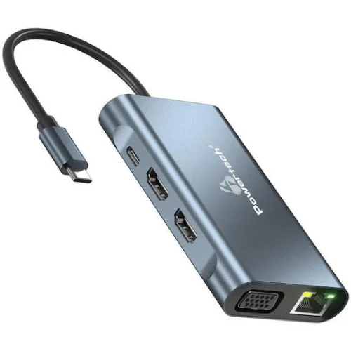 Powertech BYL-2311 USB-C Docking Station με HDMI 4K PD Ethernet και σύνδεση 2 Οθονών Γκρι