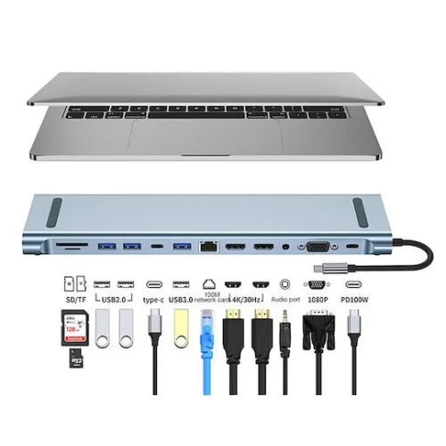 Powertech BYL-2003U2 USB-C Docking Station με HDMI 4K PD Ethernet Γκρι