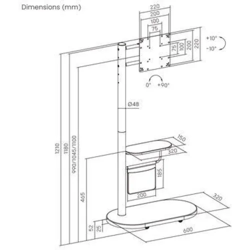 Brateck FS54-22T-02W-BK Βάση Τηλεόρασης Δαπέδου έως 43" και 15kg Μαύρο