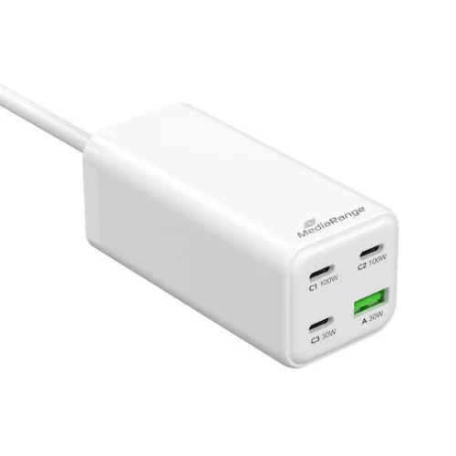 MediaRange Βάση Φόρτισης GaN με Θύρα USB-A και 3 Θύρες USB-C 100W Power Delivery / Quick Charge 3.0 σε Λευκό χρώμα (MRMA124)