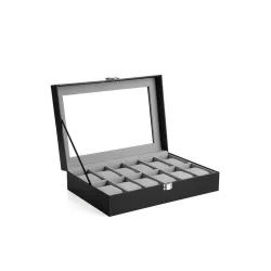 Songmics Ξύλινη Θήκη με διάφανο καπάκι για 12 ρολόγια σε Μαύρο χρώμα JWB12BK