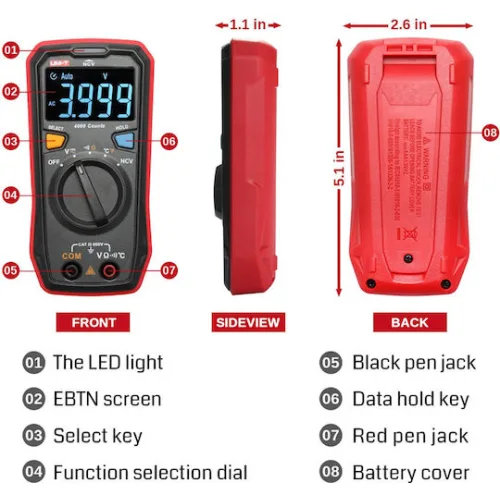 Uni-t Ψηφιακό Πολύμετρο Τσέπης Buzzer Μέτρηση Ac Dc Αντίστασης Ut123t