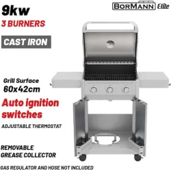 Bormann Elite BBQ7030 Ψησταριά Υγραερίου Μαντεμένιας Σχάρας 60x42εκ. με 3 Εστίες 9kW