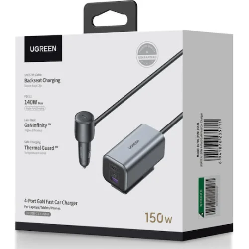 Ugreen EC706 Φορτιστής Αυτοκινήτου 150W Γρήγορης Φόρτισης με Θύρες: 1xUSB 1xType-C μαζί με Καλώδιο Ενσωματωμένο Γκρι ΧρώμαΚωδικός: 35571