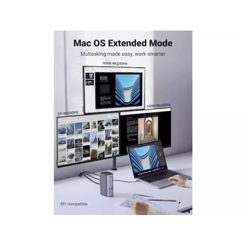 Ugreen USB-C Docking Station με HDMI/DisplayPort 4K PD Ethernet και συνδεση 3 Οθονών Ασημί (90325)