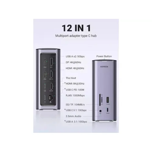 Ugreen USB-C Docking Station με HDMI/DisplayPort 4K PD Ethernet και συνδεση 3 Οθονών Ασημί (90325)