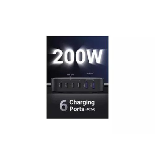 Ugreen Βάση Φόρτισης GaN με 2 Θύρες USB-A και 4 Θύρες USB-C 200W Power Delivery / Quick Charge 2.0 σε Μαύρο χρώμα (Nexode GaN CD271)