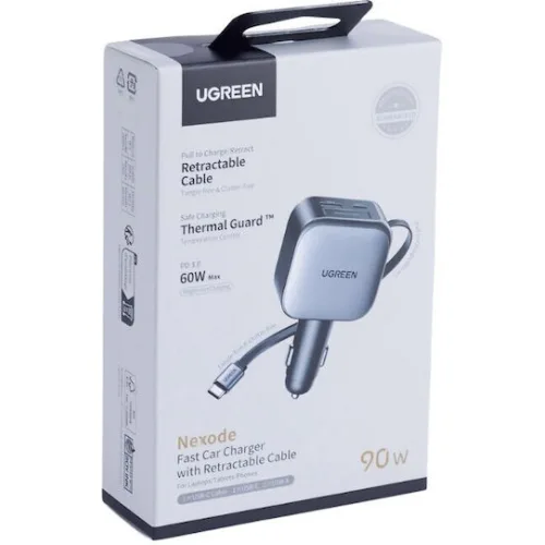 Ugreen EC603 Φορτιστής Αυτοκινήτου 90W 3A Γρήγορης Φόρτισης με Θύρες: 1xUSB 1xType-C μαζί με Καλώδιο Ενσωματωμένο Γκρι ΧρώμαΚωδικός: 55909B