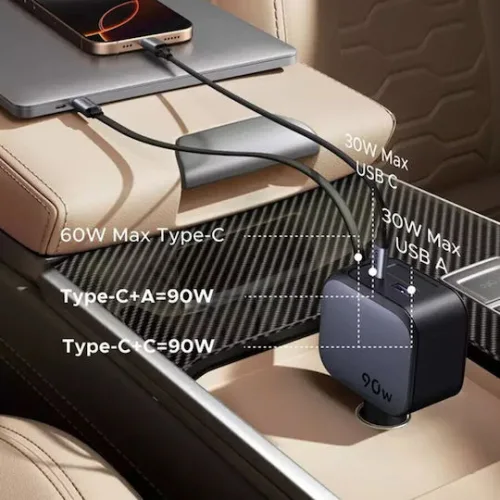 Ugreen EC603 Φορτιστής Αυτοκινήτου 90W 3A Γρήγορης Φόρτισης με Θύρες: 1xUSB 1xType-C μαζί με Καλώδιο Ενσωματωμένο Γκρι ΧρώμαΚωδικός: 55909B