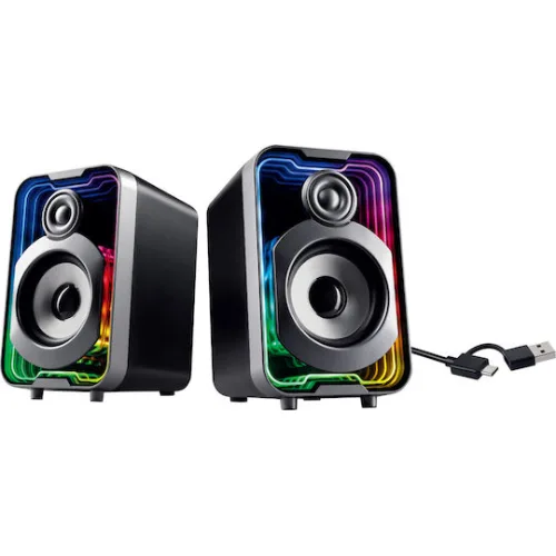 Powertech PT-1575 Ασύρματα Ηχεία Υπολογιστή 2.0 με RGB Φωτισμό και Bluetooth Ισχύος 5W Μαύρα