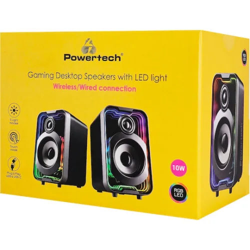 Powertech PT-1575 Ασύρματα Ηχεία Υπολογιστή 2.0 με RGB Φωτισμό και Bluetooth Ισχύος 5W Μαύρα