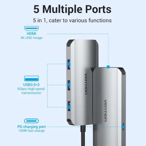 Vention TODHB USB-C Docking Station με HDMI 4K PD και συνδεση 2 Οθονών Γκρι