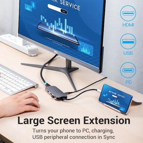 Vention TODHB USB-C Docking Station με HDMI 4K PD και συνδεση 2 Οθονών Γκρι