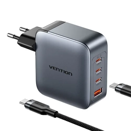 Vention Φορτιστής GaN με Θύρα USB-A και 3 Θύρες USB-C και Καλώδιο USB-C - USB-C 100W Power Delivery Γκρι (TZ-FETH0-EU)