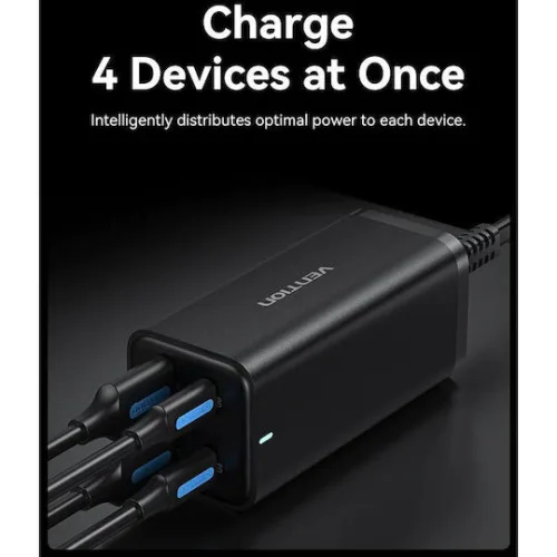 Vention Φορτιστής GaN με 2 Θύρες USB-A και 2 Θύρες USB-C και Καλώδιο USB-C - USB-C 100W Power Delivery / Quick Charge 3.0 Μαύρος (FBSBG-EU)